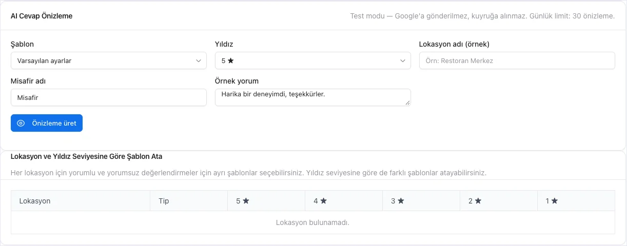 Restarun paneli: AI cevap önizleme ve lokasyon ile yıldıza göre şablon atama