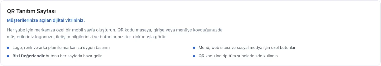 Restarun paneli: QR tanıtım sayfası özellikleri